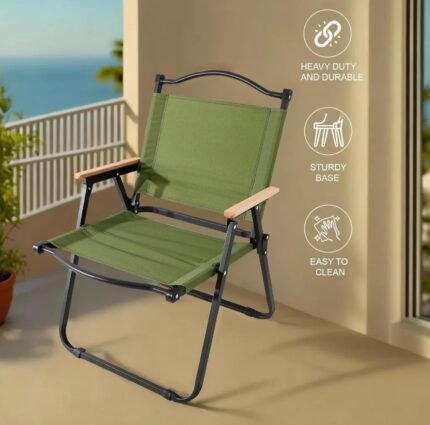 Heavy-Duty Foldable Camping Chair | Portable Outdoor Trekking Chair with Wooden Armrests & Sturdy Steel Frame