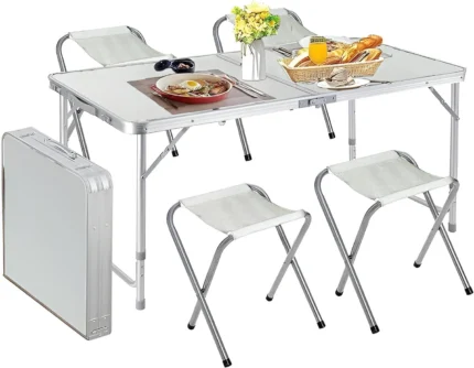 Portable Folding Camping Table With 4 Stools And Umbrella Hole PS47